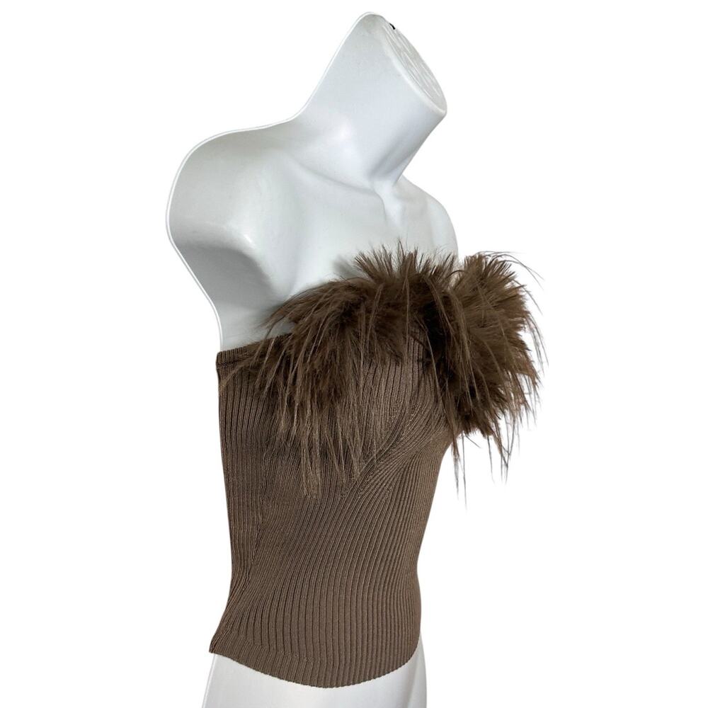 Taupe Knit Bandeau Tube Top Sz Small Faux Feather Sleeveless Stretch Ribbed - Picture 2 of 5